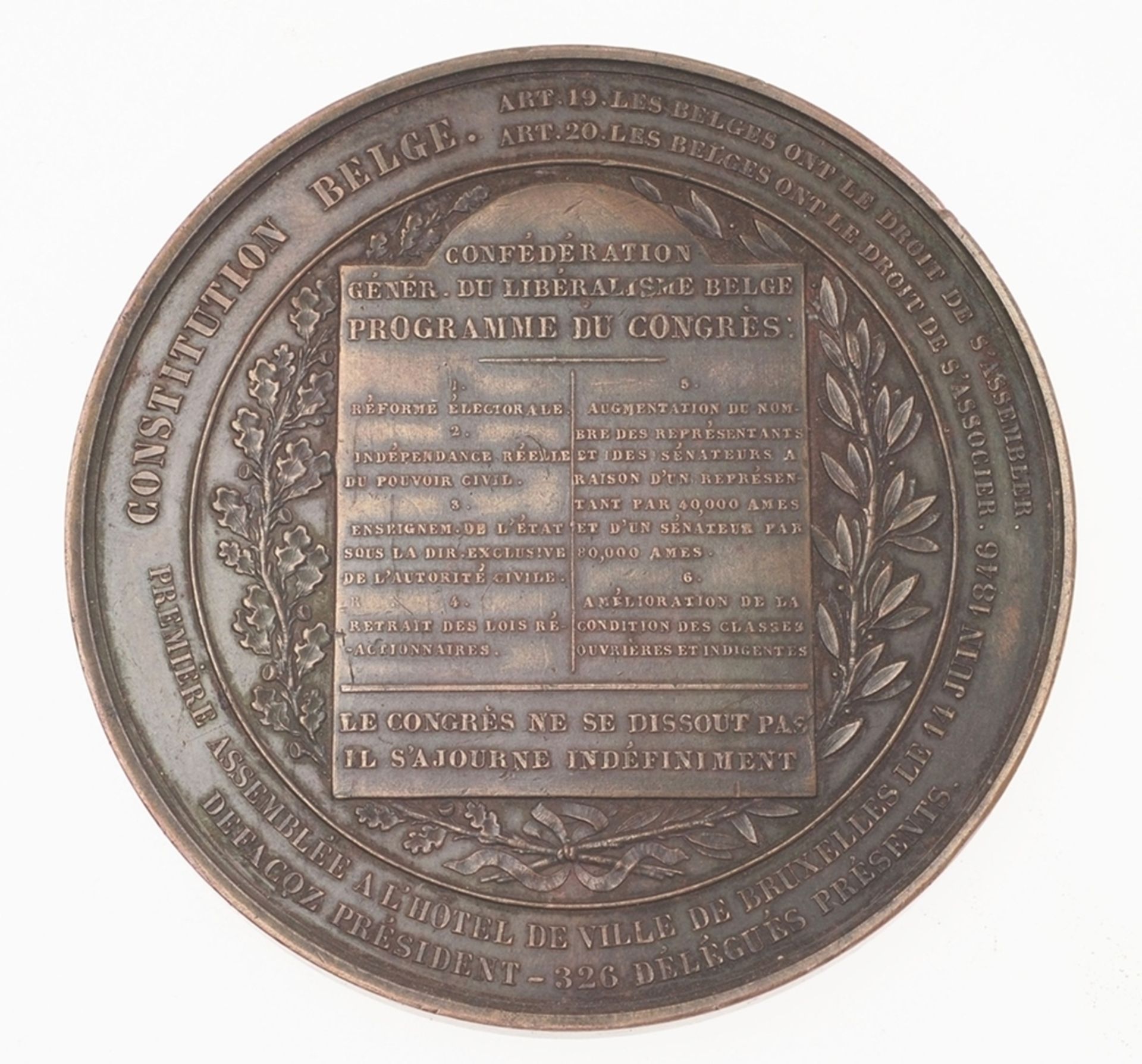 Medaille anlässlich der Gründung der liberalen Partei Belgiens 1846Bronze, patiniert. Runde