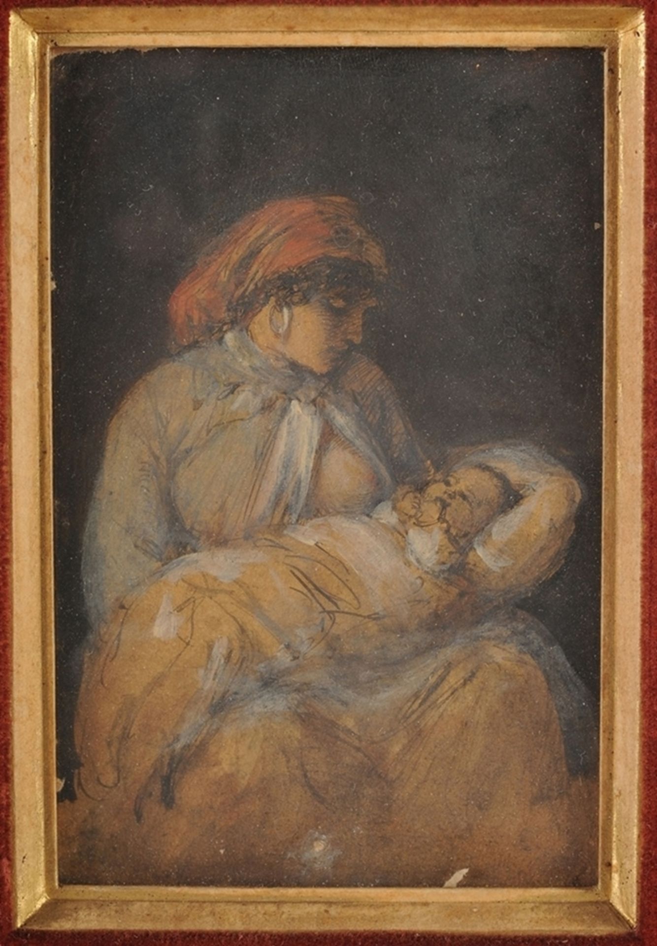 Unbekannt(Maler, 19. Jh.) Tusche u. Gouache/ Papier. Stillende Mutter mit Kind. Verso auf Rah - Image 2 of 2