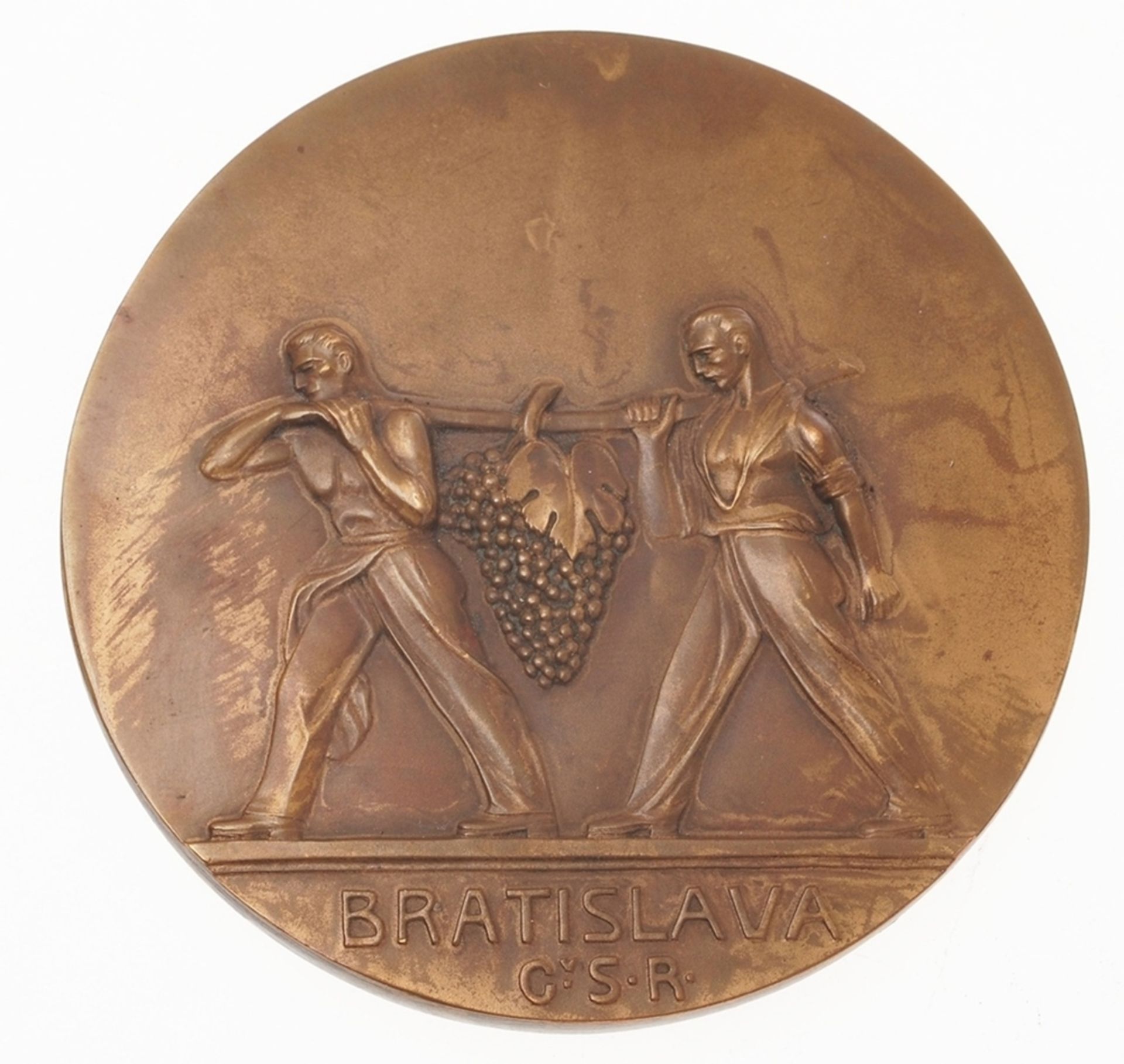 Medaille "Bratislava"Bronze, patiniert. Runde Tafel. Avers Blick auf das Alte Rathaus von Bra