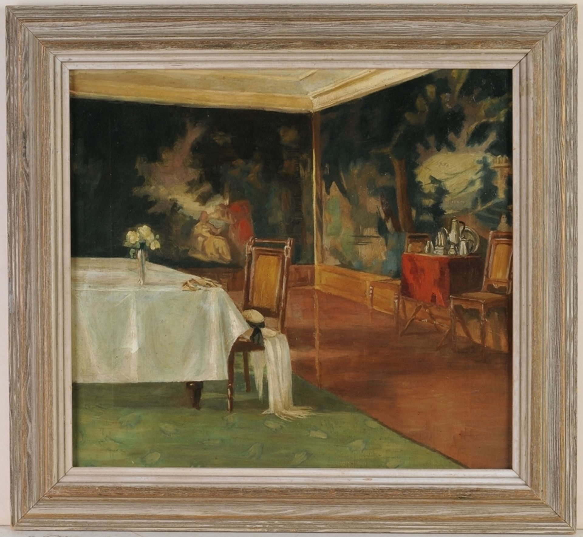 Unbekannt(Wohl deutscher Maler, 1. H. 20. Jh.) Öl/ Lwd. Interieur im Jugendstil. Rest., kl.