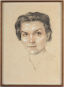 Unbekannt(Deutscher Maler, 20. Jh.) Kohle, Rötel mit weiß gehöht/ Papier. Damenportrait. R