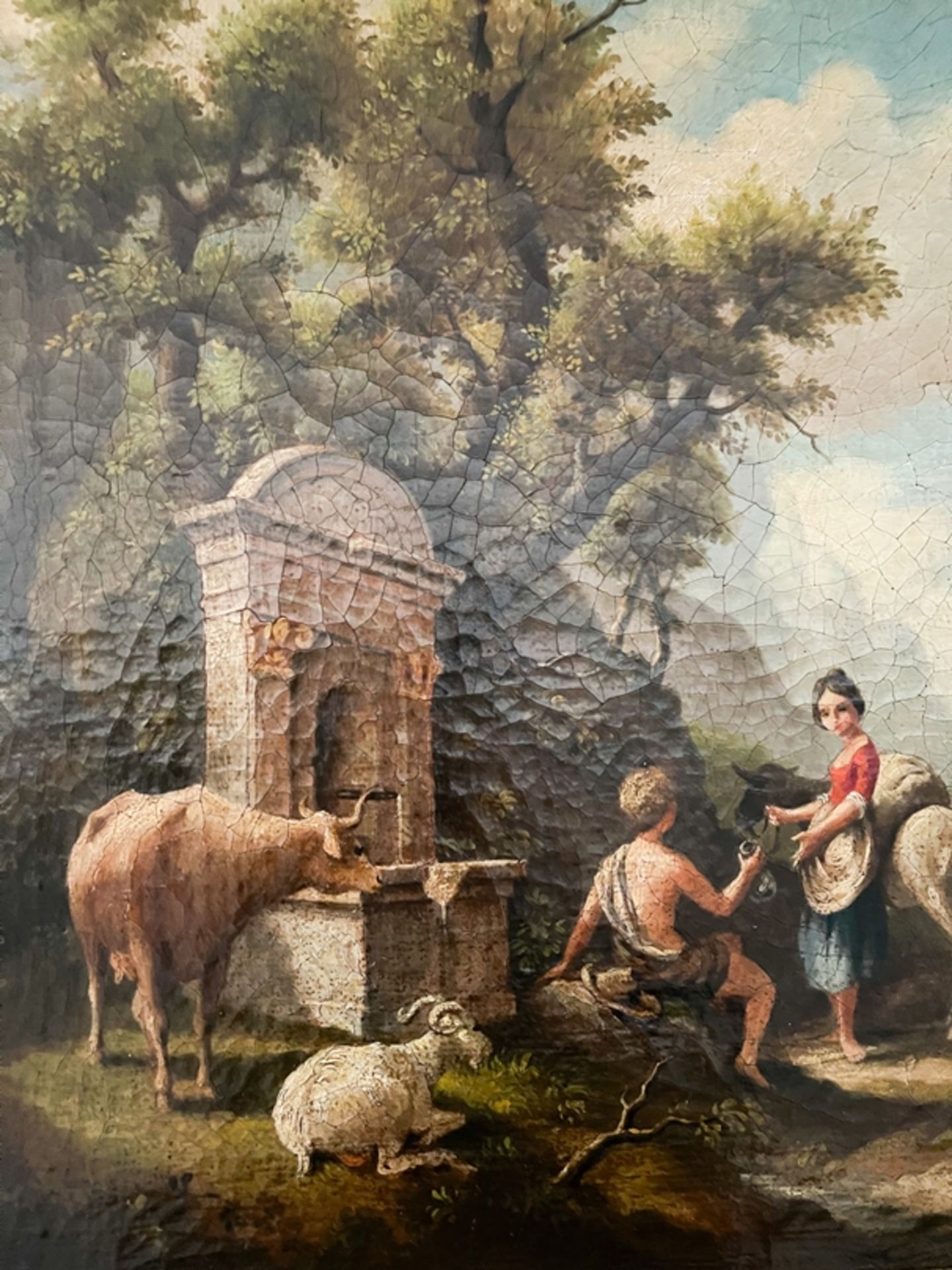 Landschaftsgemälde "Personen und Ziegen am Brunnen" - Bild 3 aus 5