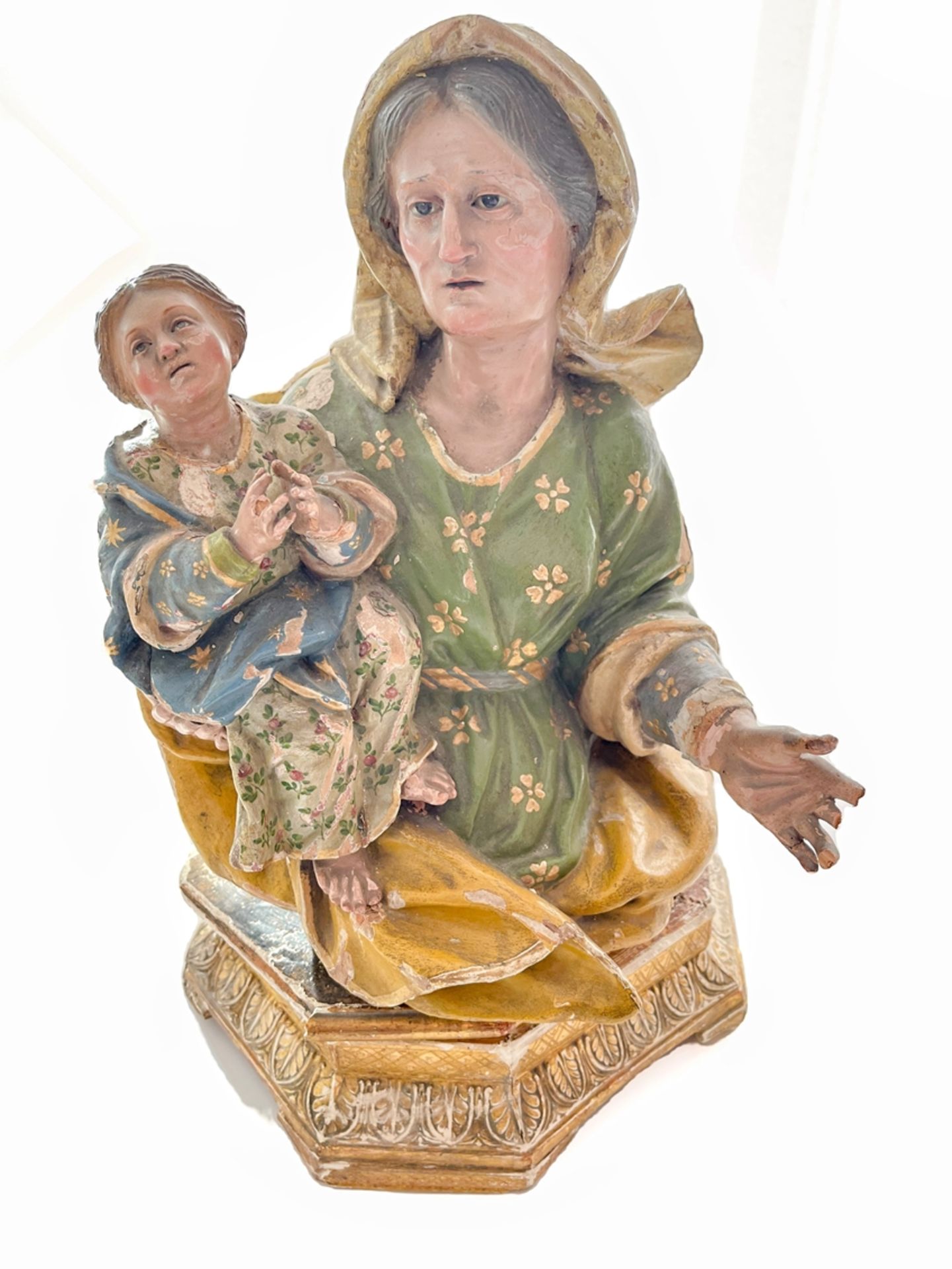 Neapolitanische Heiligenfigur mit Kind mit Glasaugen