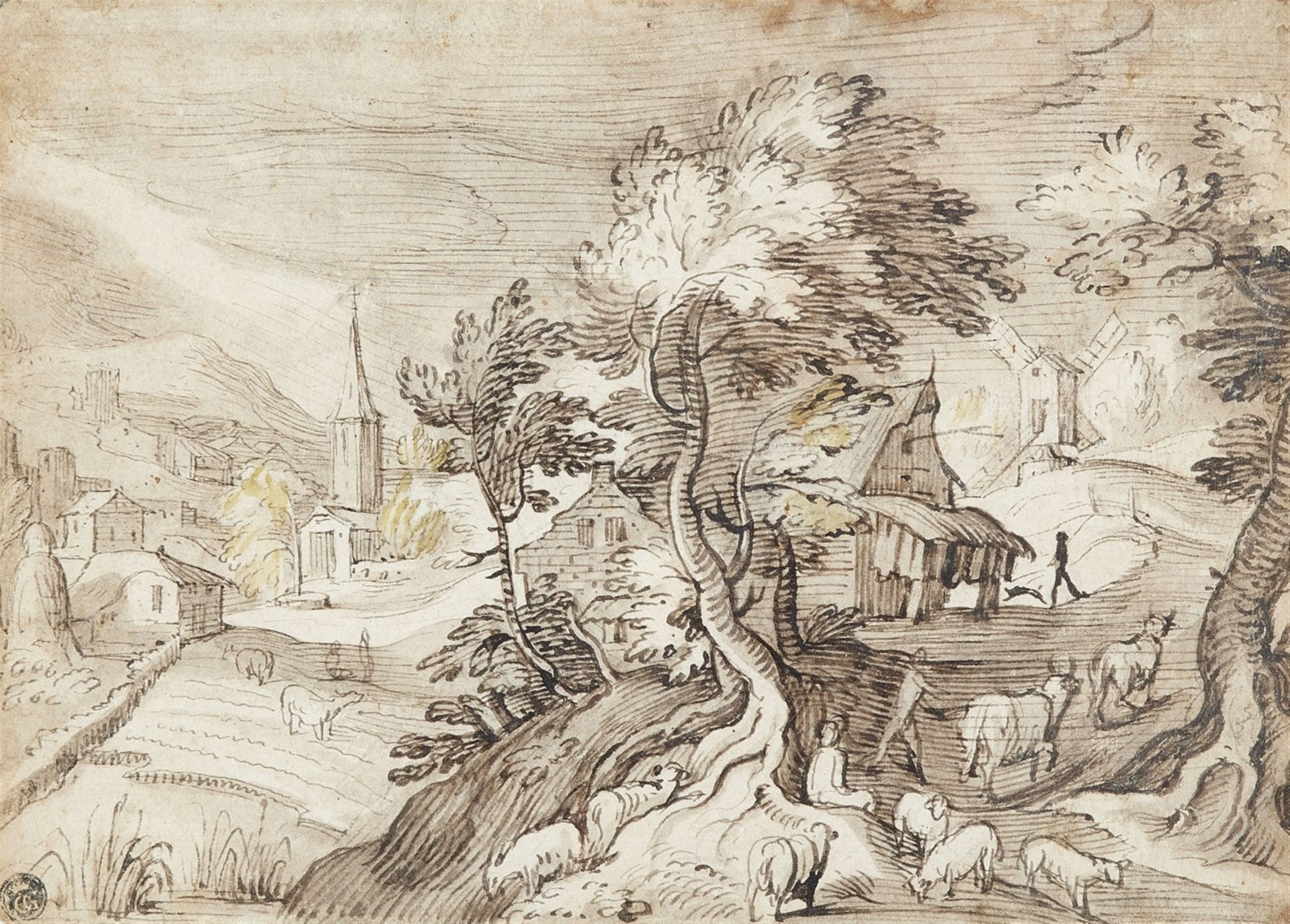 Jacob Grimmer, attributed to<BR>Shepherds in a Hilly Landscape