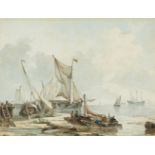 Petrus Johannes SchotelUferlandschaft mit beladenen Booten und Segelschiffen