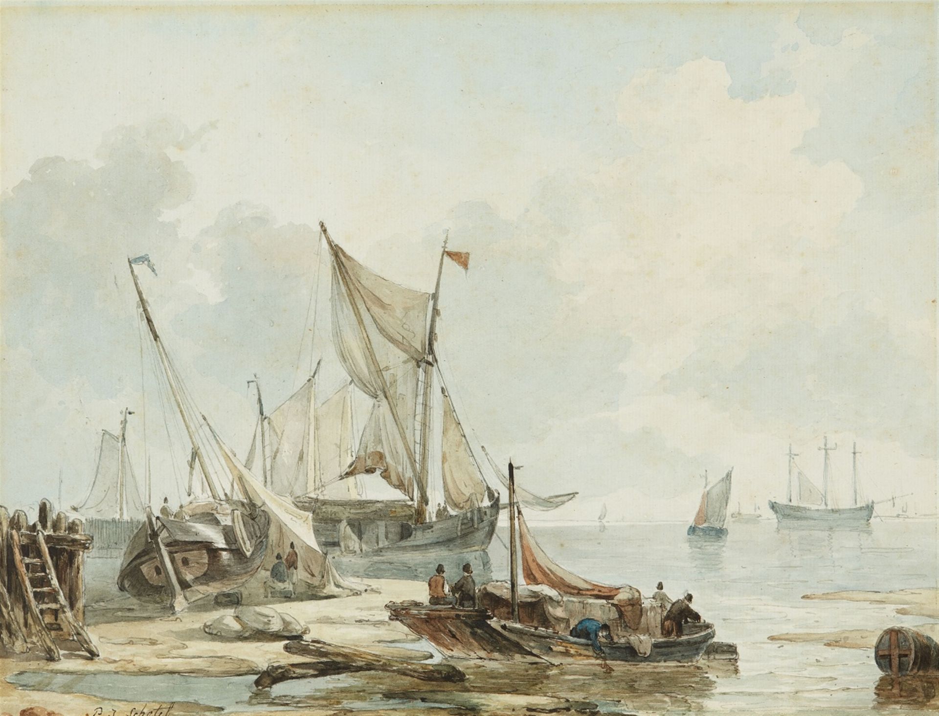 Petrus Johannes Schotel<BR>Uferlandschaft mit beladenen Booten und Segelschiffen