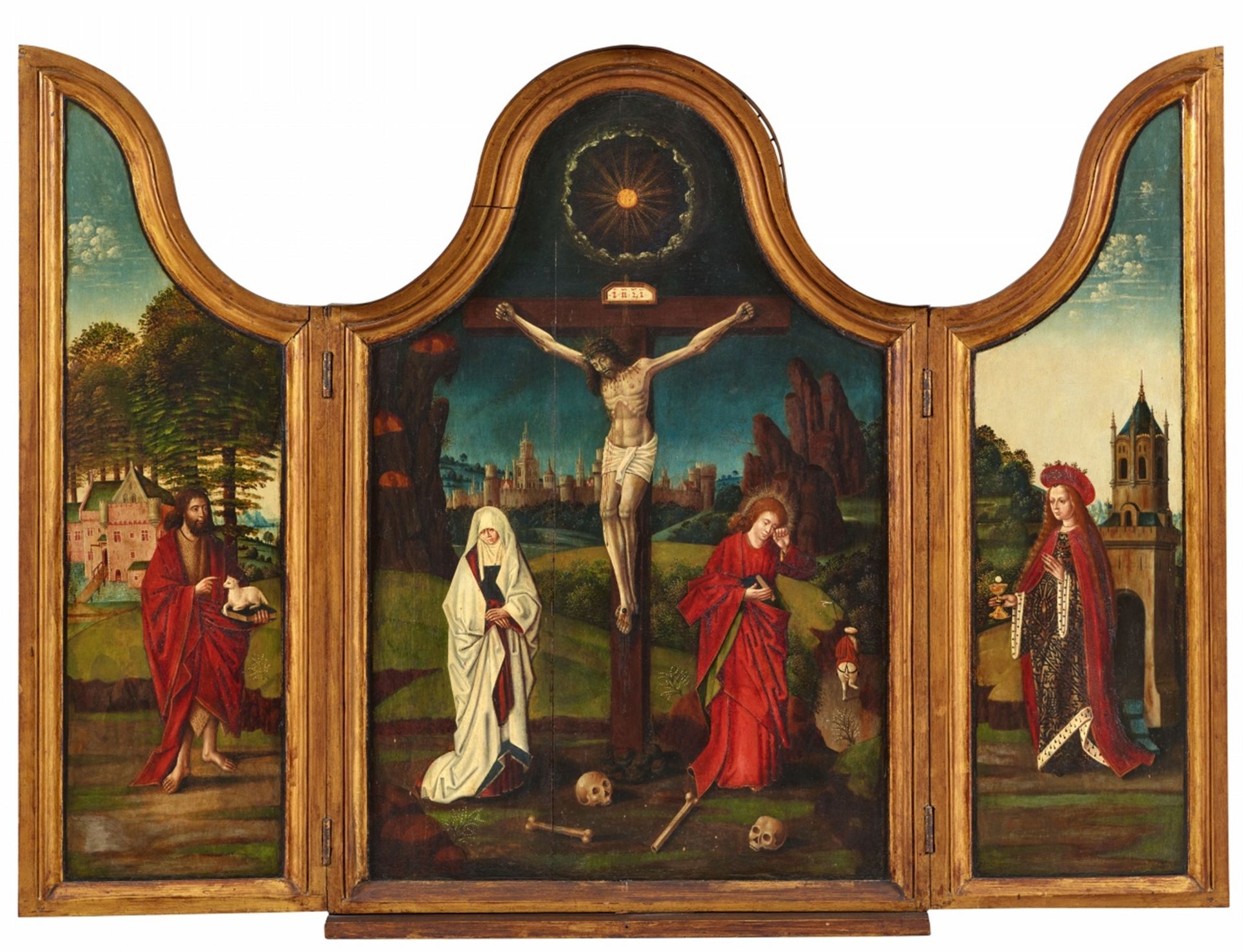 Bruges School around 1500<BR>Triptych with the Crucifixion, John the Baptist and St. Barbara