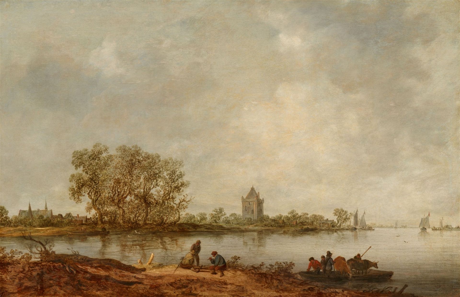 Jan van Goyen<BR>Küstenlandschaft mit Fähre und Turm im Hintergrund