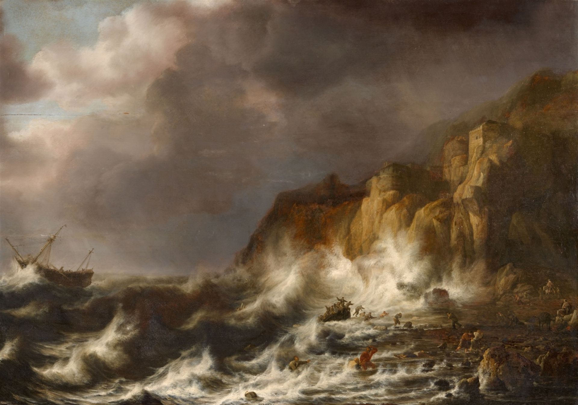 Simon de Vlieger<BR>Stormy Seas With A Shipwreck Near The Rocky Shore