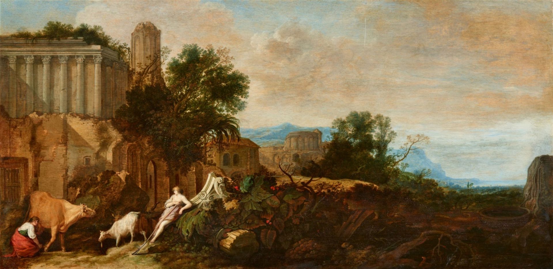 Moses van Uyttenbroeck (Wtenbrouck)<BR>Südliche Landschaft mit einem Schäferpaar vor antiken Ruinen
