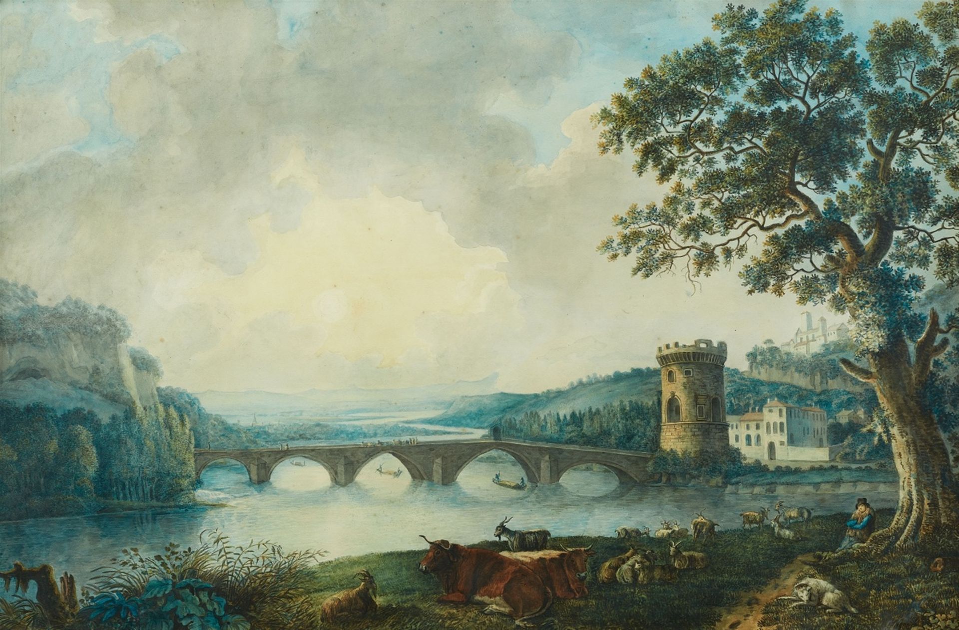 Deutscher Künstler um 1800<BR>Landschaft mit Brücke über einem Fluss (Arno?)