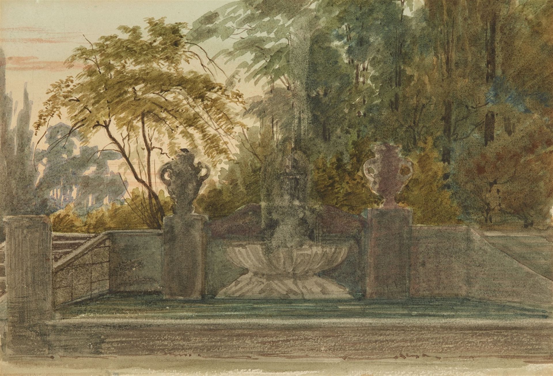 Ernst Ferdinand Oehme, zugeschrieben<BR>Brunnenanlage in einem Park