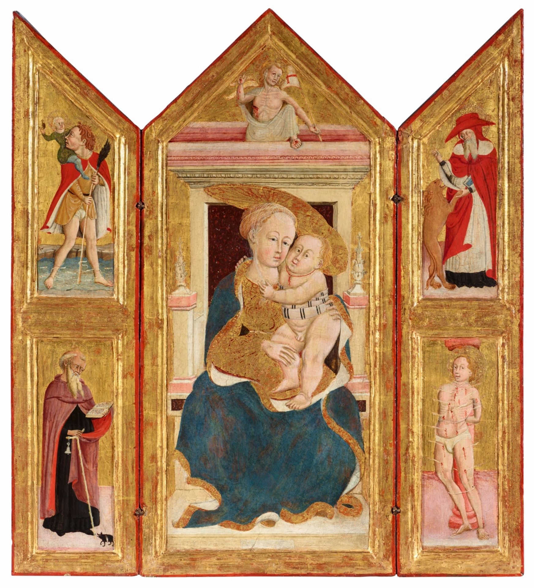 Umbrian School um 14555/1460<BR>Tryptych - Enthroned Virgin and Child, Resurrection of Christ and St