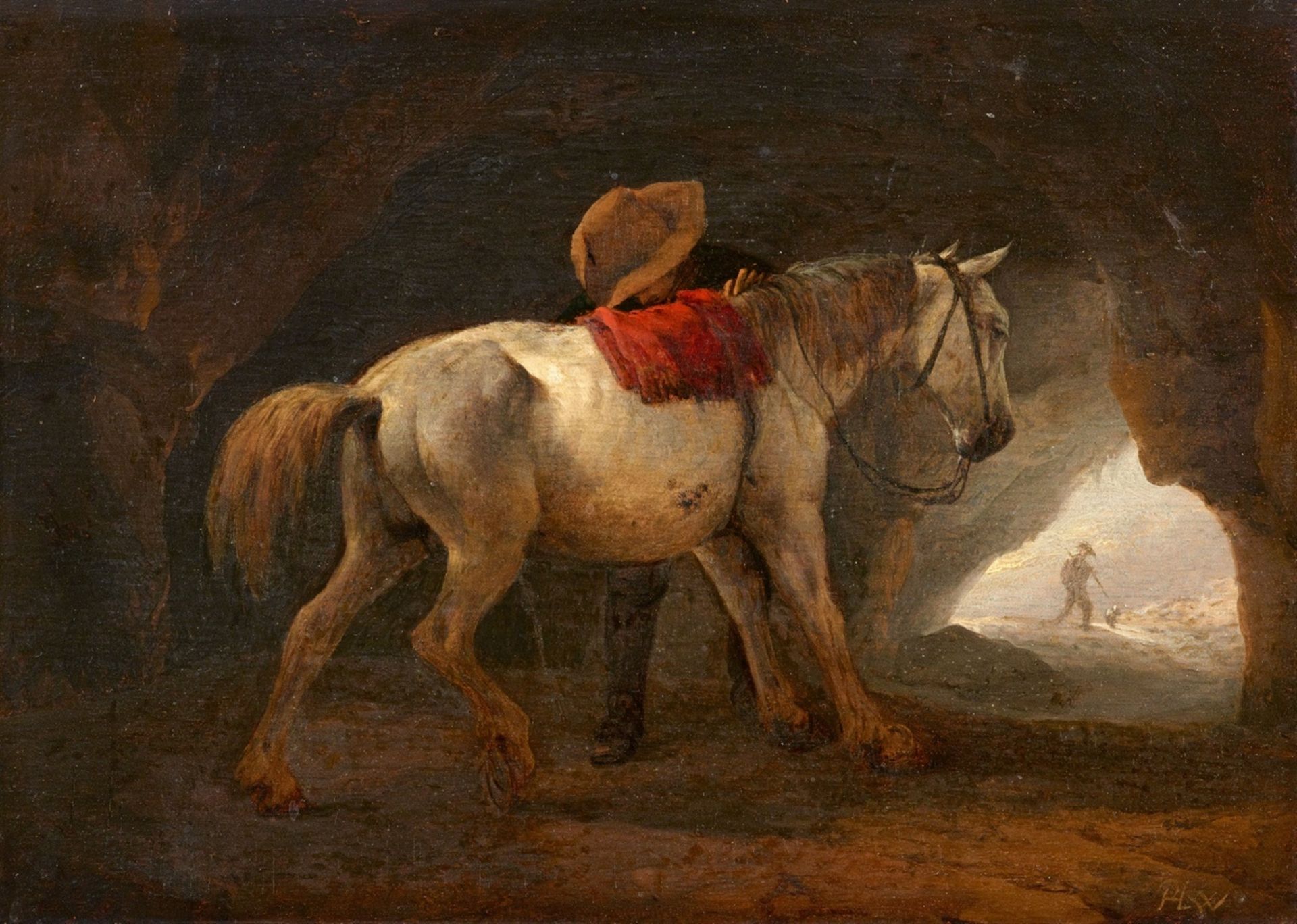 Philips Wouwerman<BR>Weißes Pferd und Mann in einer Felsgrotte