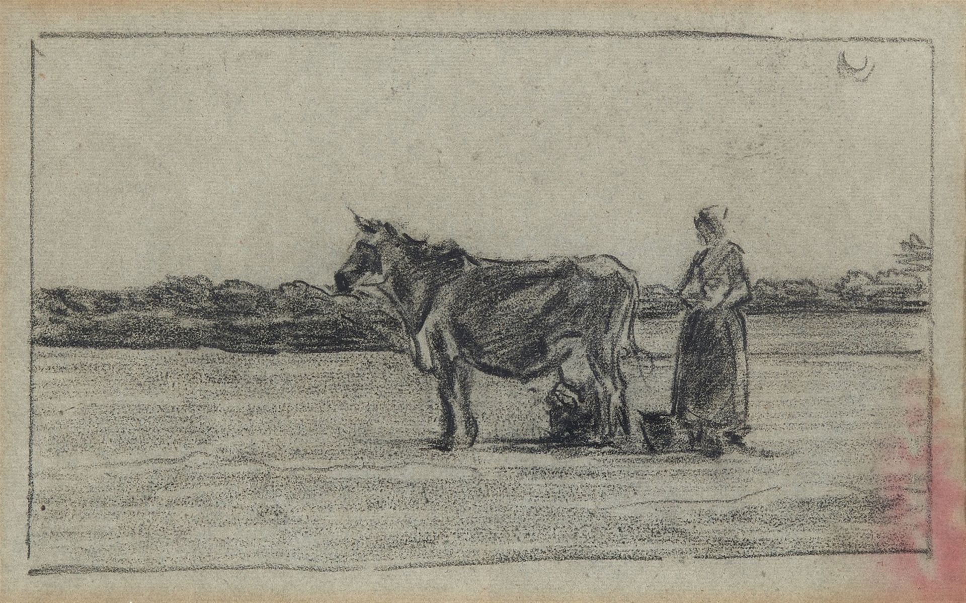 Jean François Millet, zugeschrieben<BR>Bäuerin mit einer Kuh in flacher Landschaft