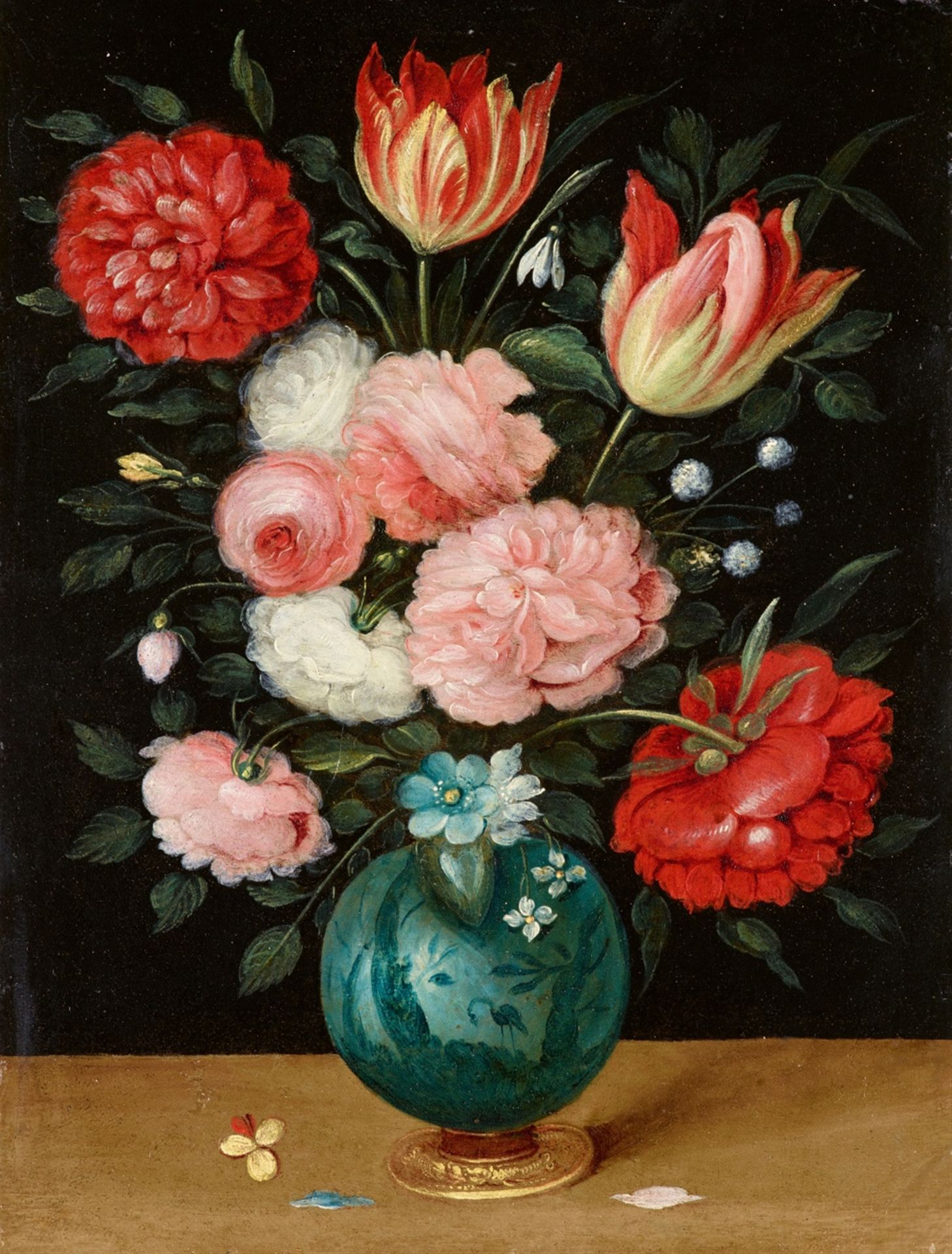 Jan Brueghel d. J.<BR>Rosen- und Tulpenstrauß in einer chinesisischen Porzellanvase auf einem Goldfu
