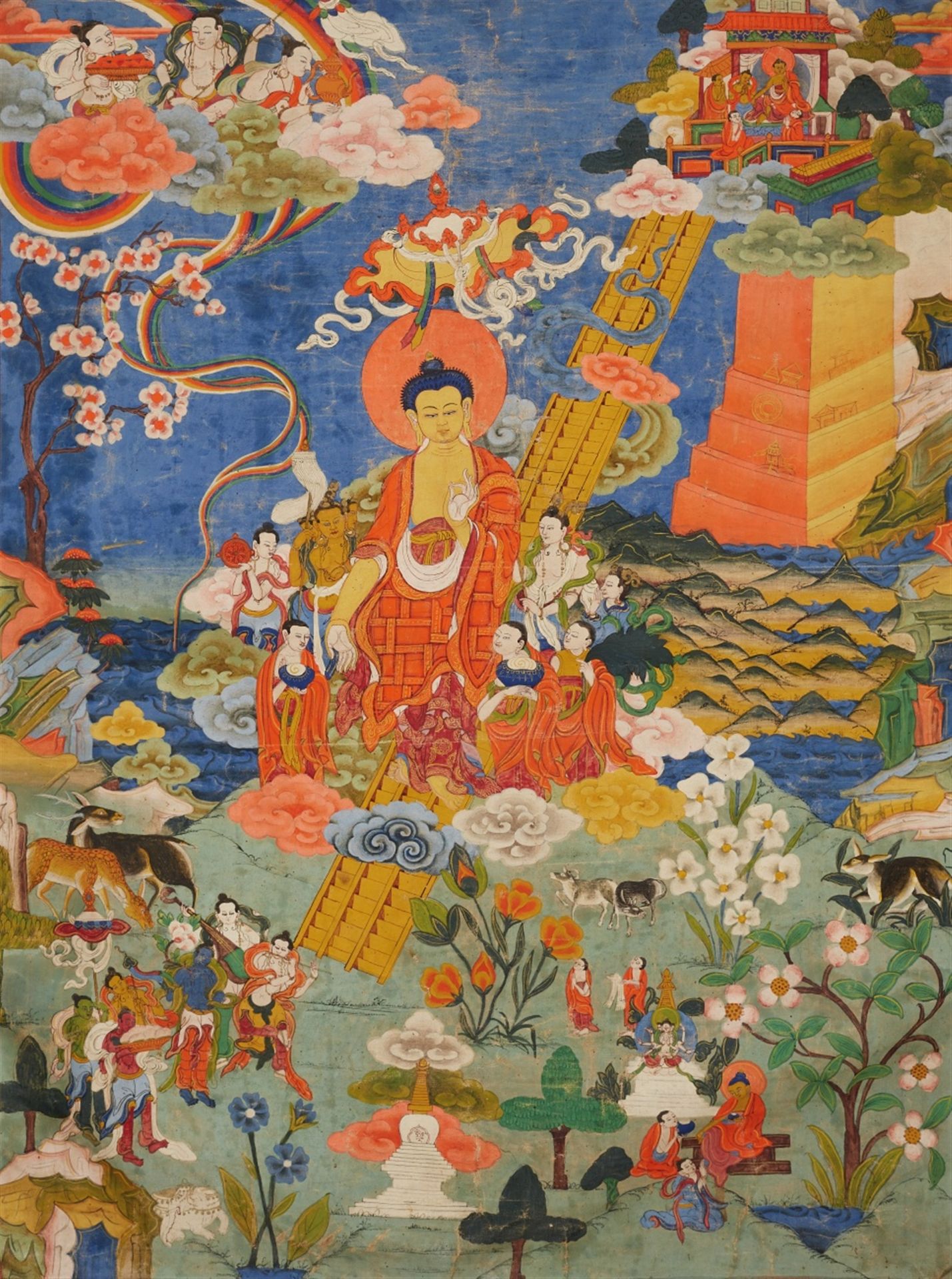 Thangka mit der Darstellung der Herabkunft des Buddha aus dem Tushita-Himmel. Tibet. Um 1900