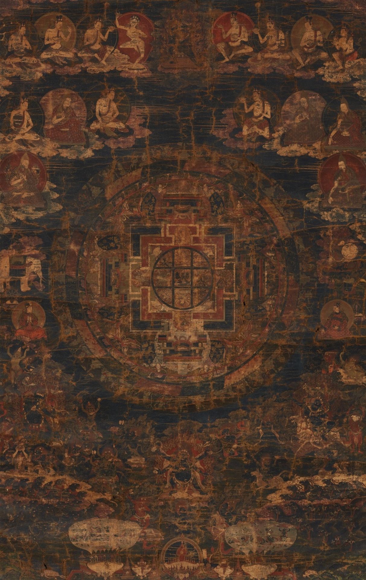 Schwarzgrundiges Mandala einer zornvollen Gottheit. Tibet. 18. Jh.
