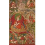 Seltenes Set von sechs Thangkas mit Darstellungen des Ersten Panchen Lamas und seiner früheren Inkar