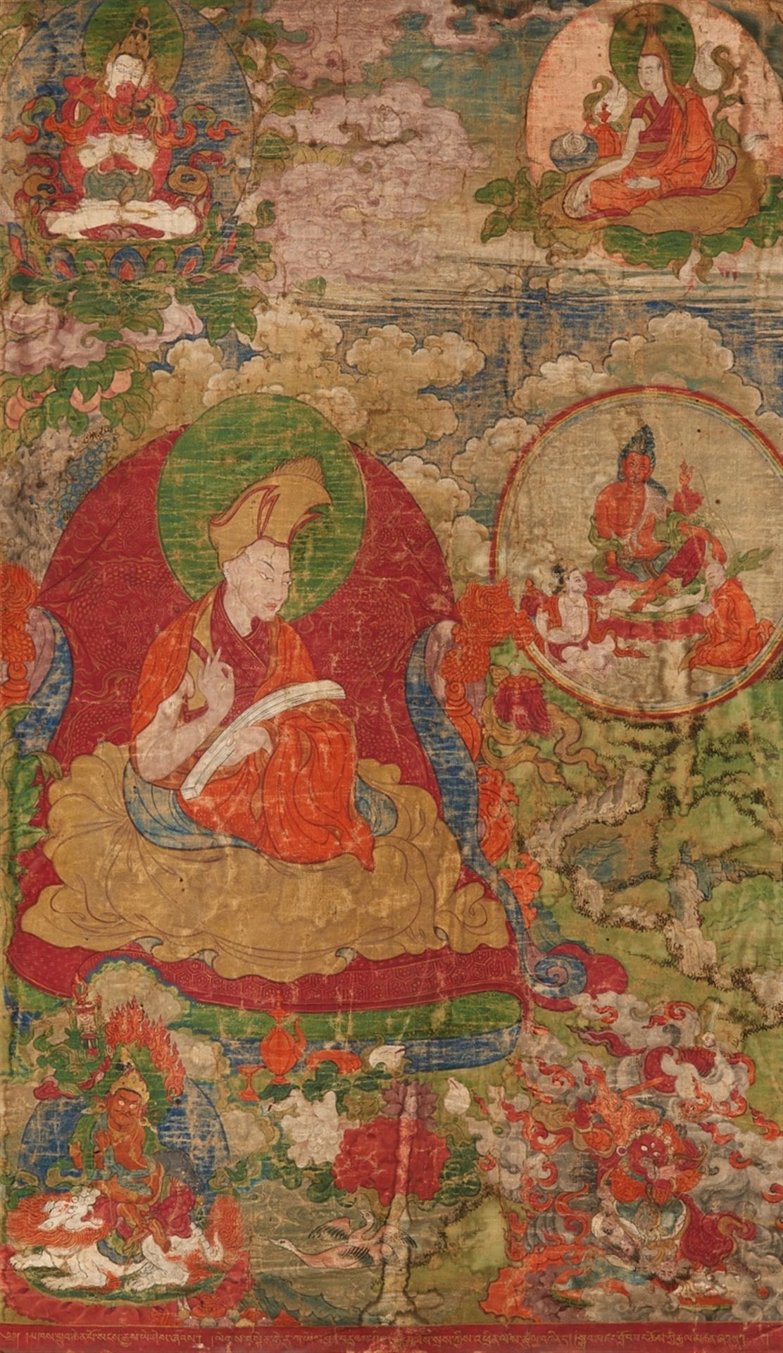 Seltenes Set von sechs Thangkas mit Darstellungen des Ersten Panchen Lamas und seiner früheren Inkar