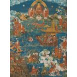 Thangka der 18 Luohan und ein Chablu-Wasserfläschchen. Tibetochinesisch. Spätes 19. Jh.