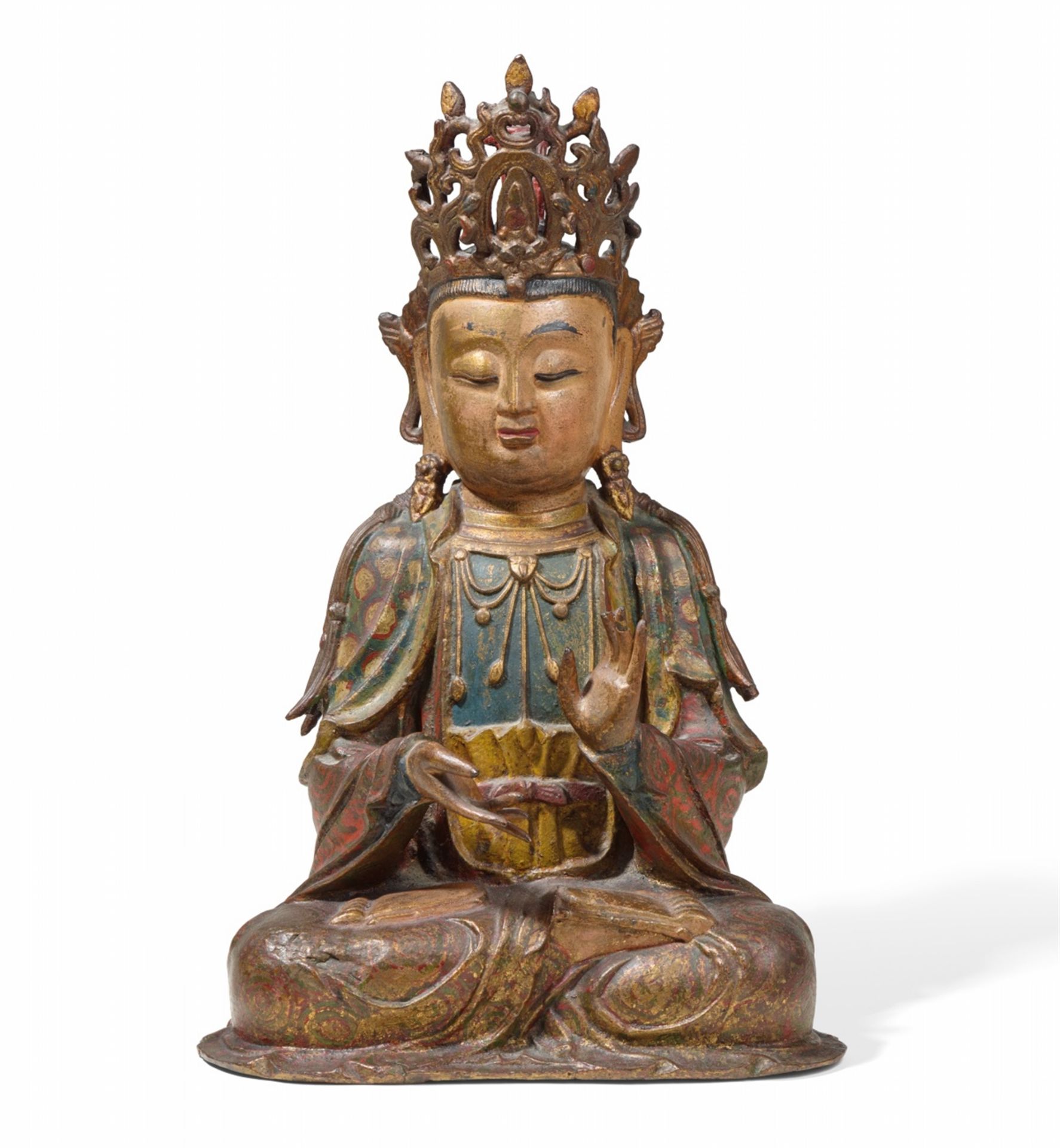 Figur eines Guanyin. Bronze mit farbiger Lackfassung. 17. Jh.