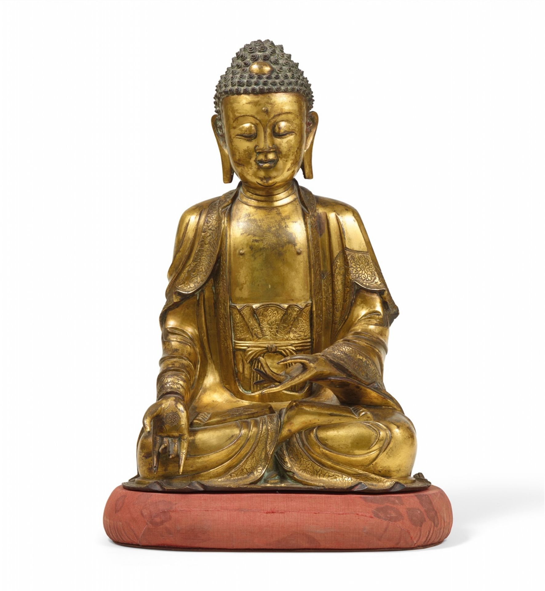 Figur des Buddha Shakyamuni. Bronze, vergoldet. 17./18. Jh.