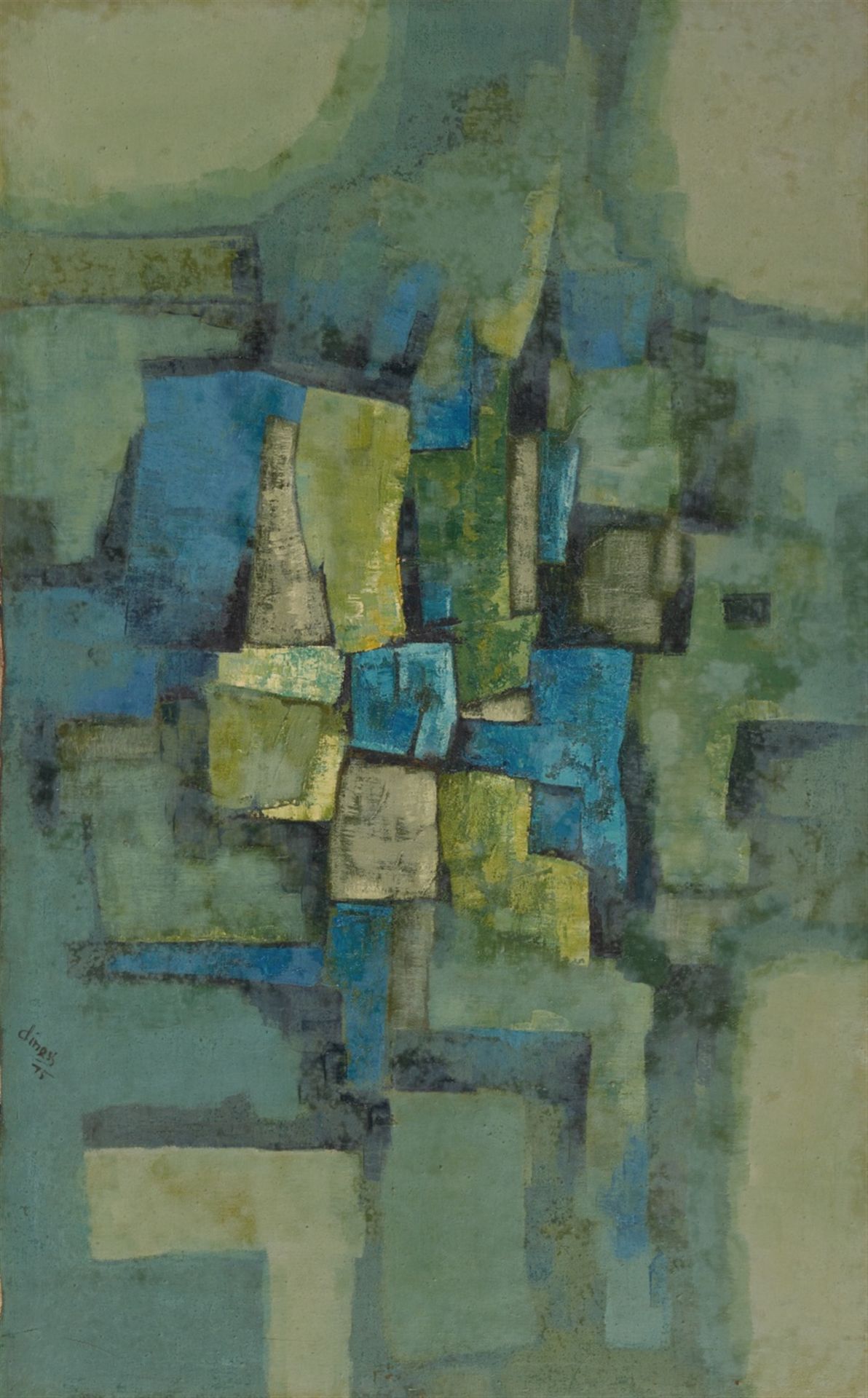 An abstract compisition. Oil on cancas. Signed and dated Dinesh (19)75. Framed.123 x 76.5