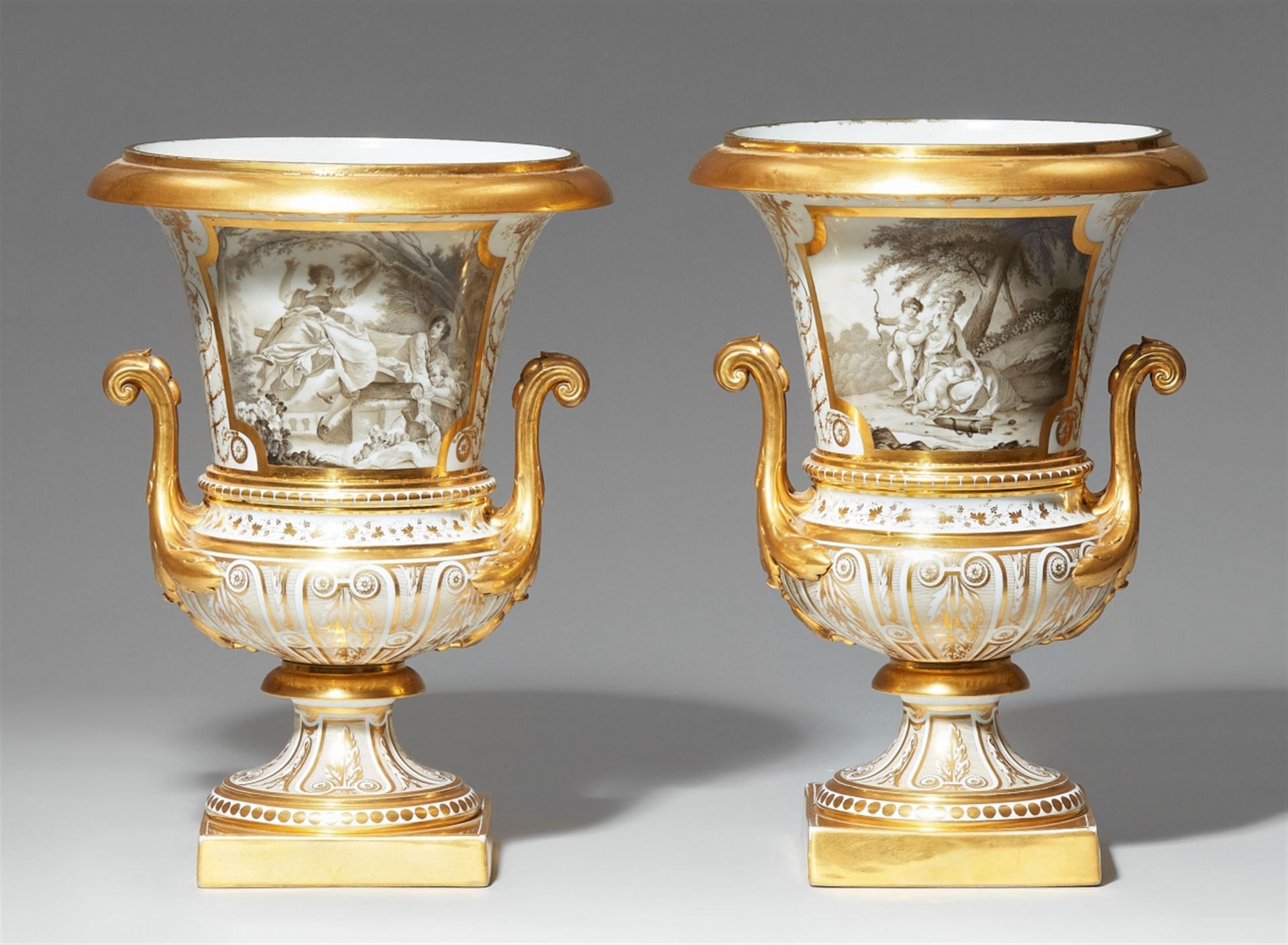 A pair of Parisian porcelain Medici vases with copies of paintings in grisaille