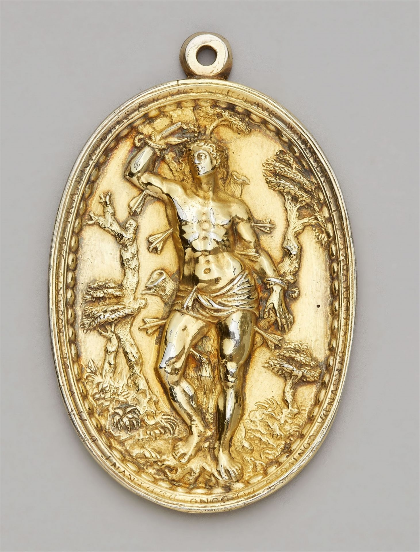 A silver plaque with Saint Sebastian