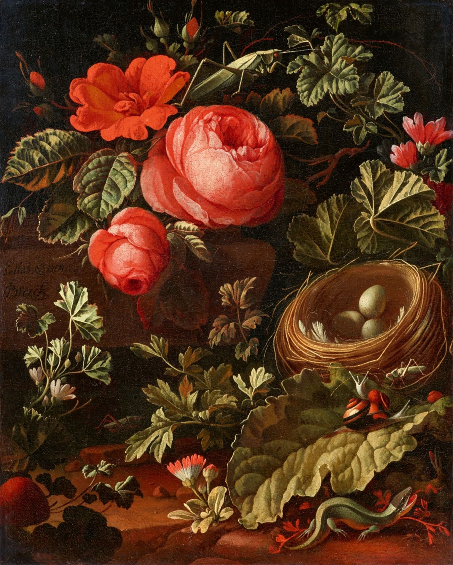 Elias van den Broeck, Waldbodenstillleben mit Rosen, Vogelnest, Eidechsen, Heuschrecken und Schnecke