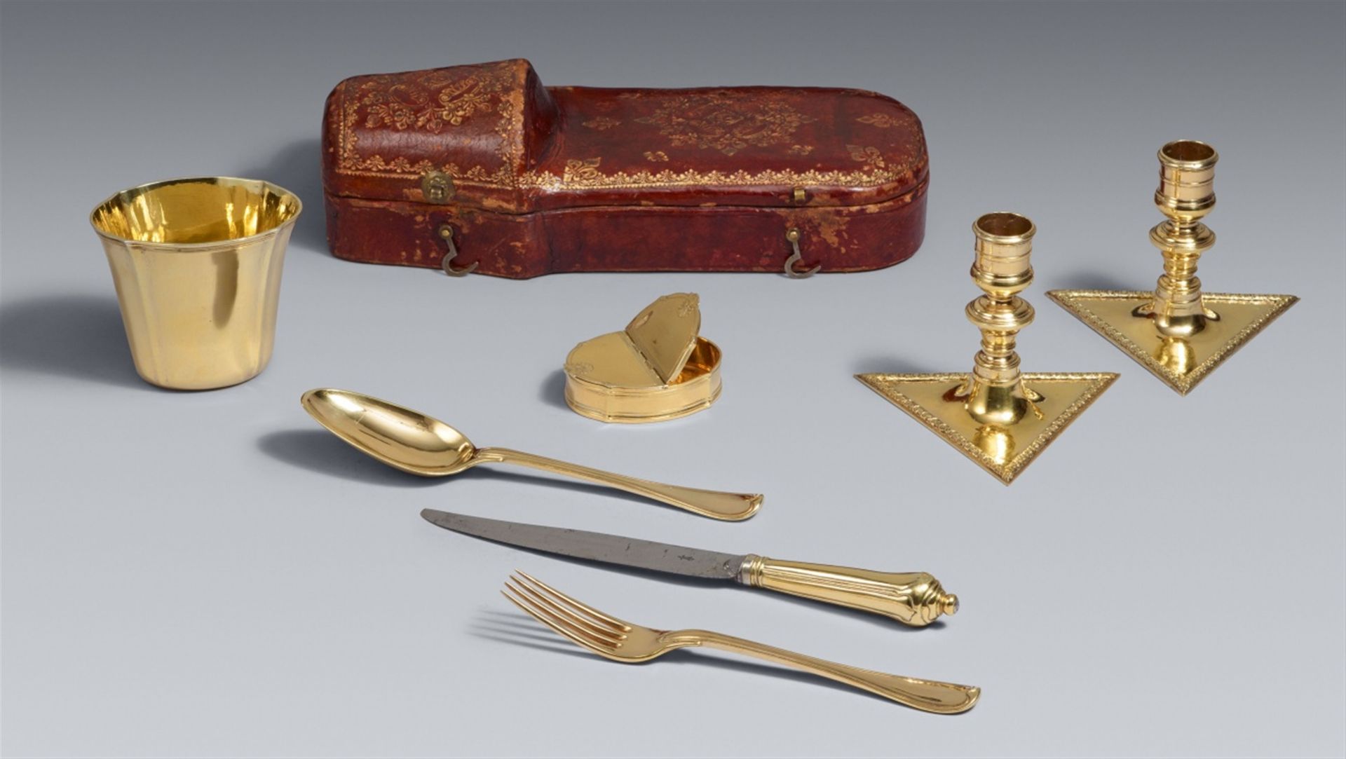 A Strasbourg silver gilt travel cutlery set