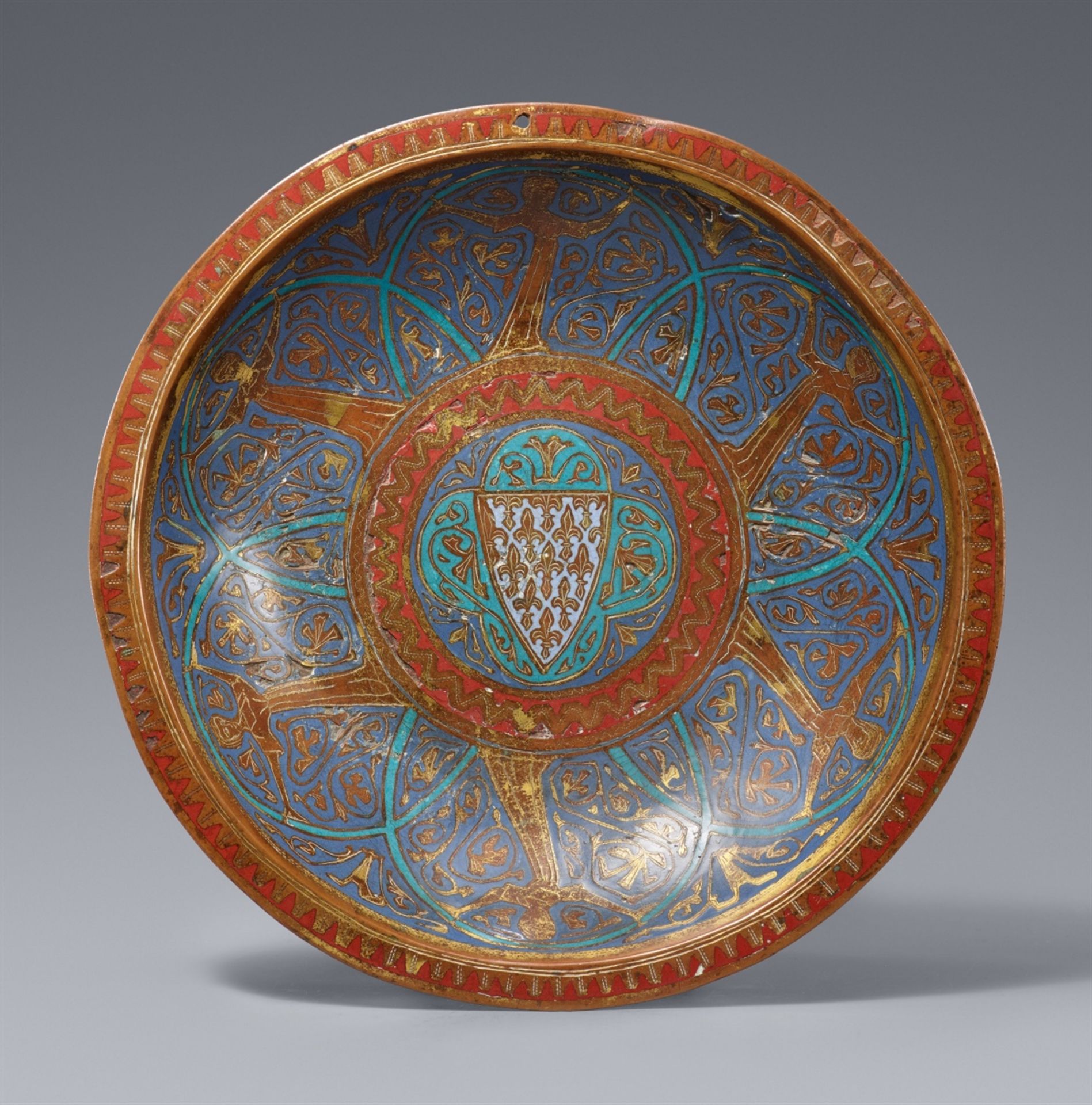 An enamelled bronze dish with the French coat-of-arms