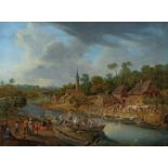 Mathys Schoevaerdts, Flusslandschaft mit Dorf, Fischern und Wäscherinnen