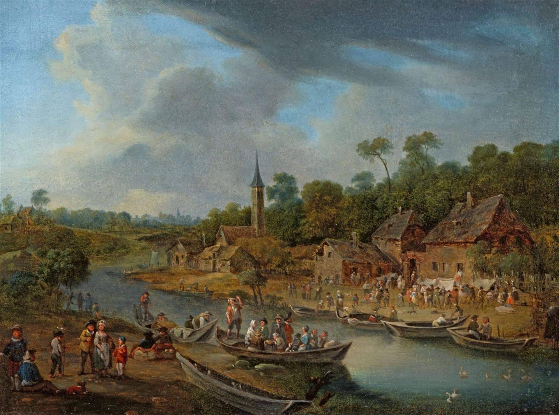 Mathys Schoevaerdts, River Landscape with a Village, Anglers, and Washerwomen