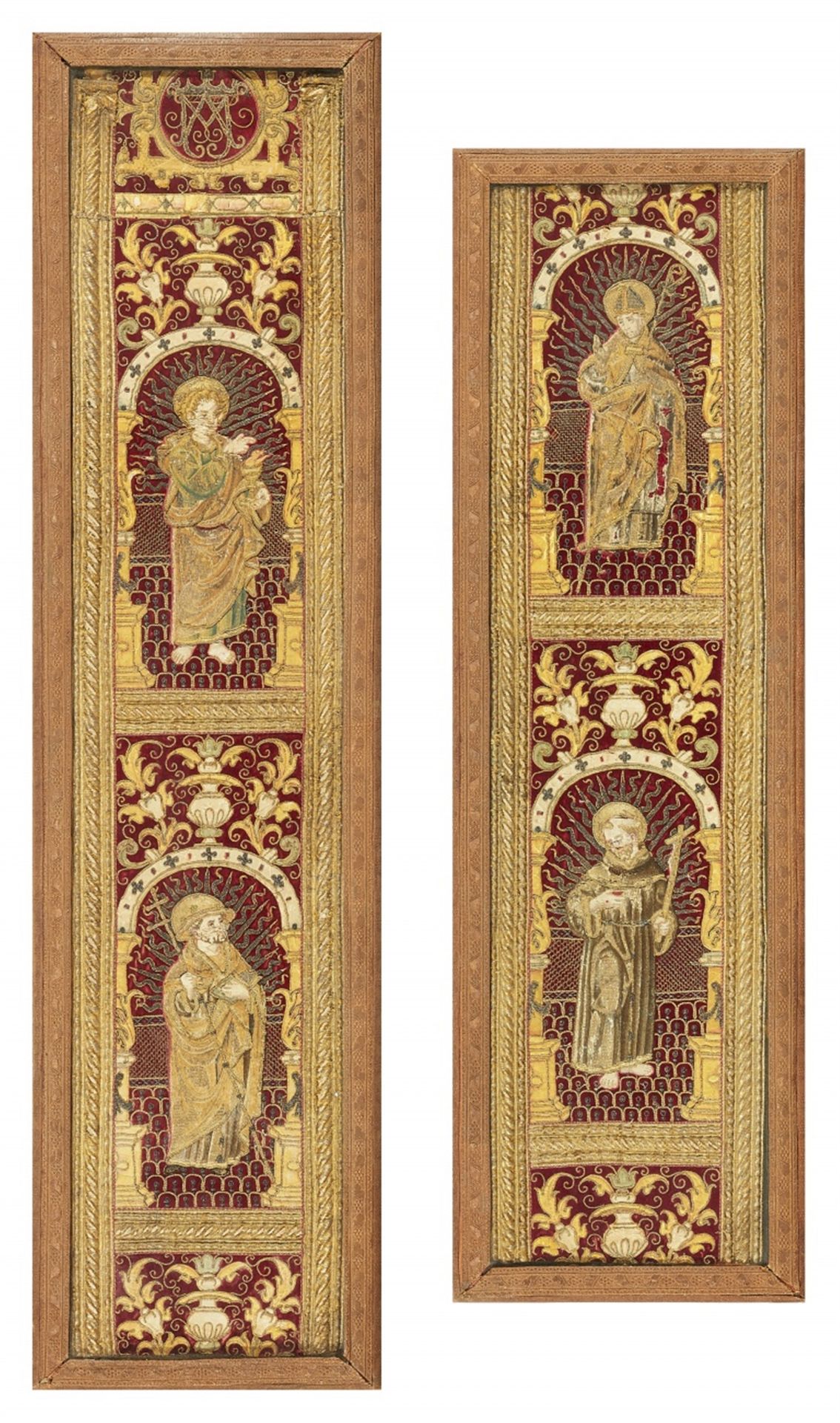 Two embroidered pillar decorations