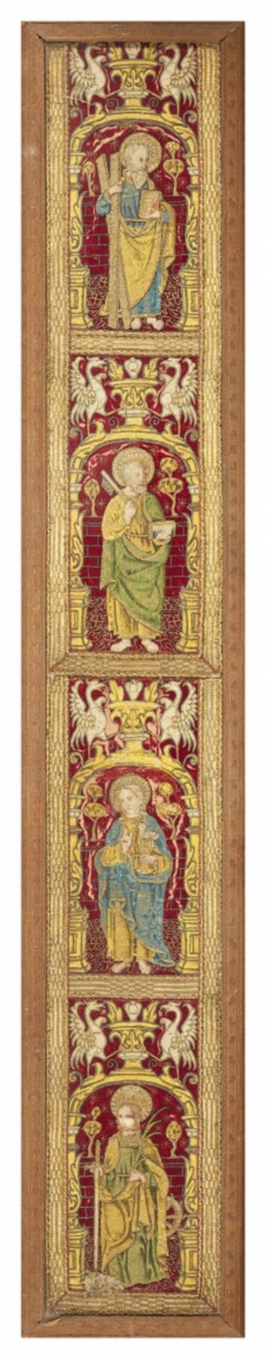 An embroidered pillar decoration with a depiction of four saints