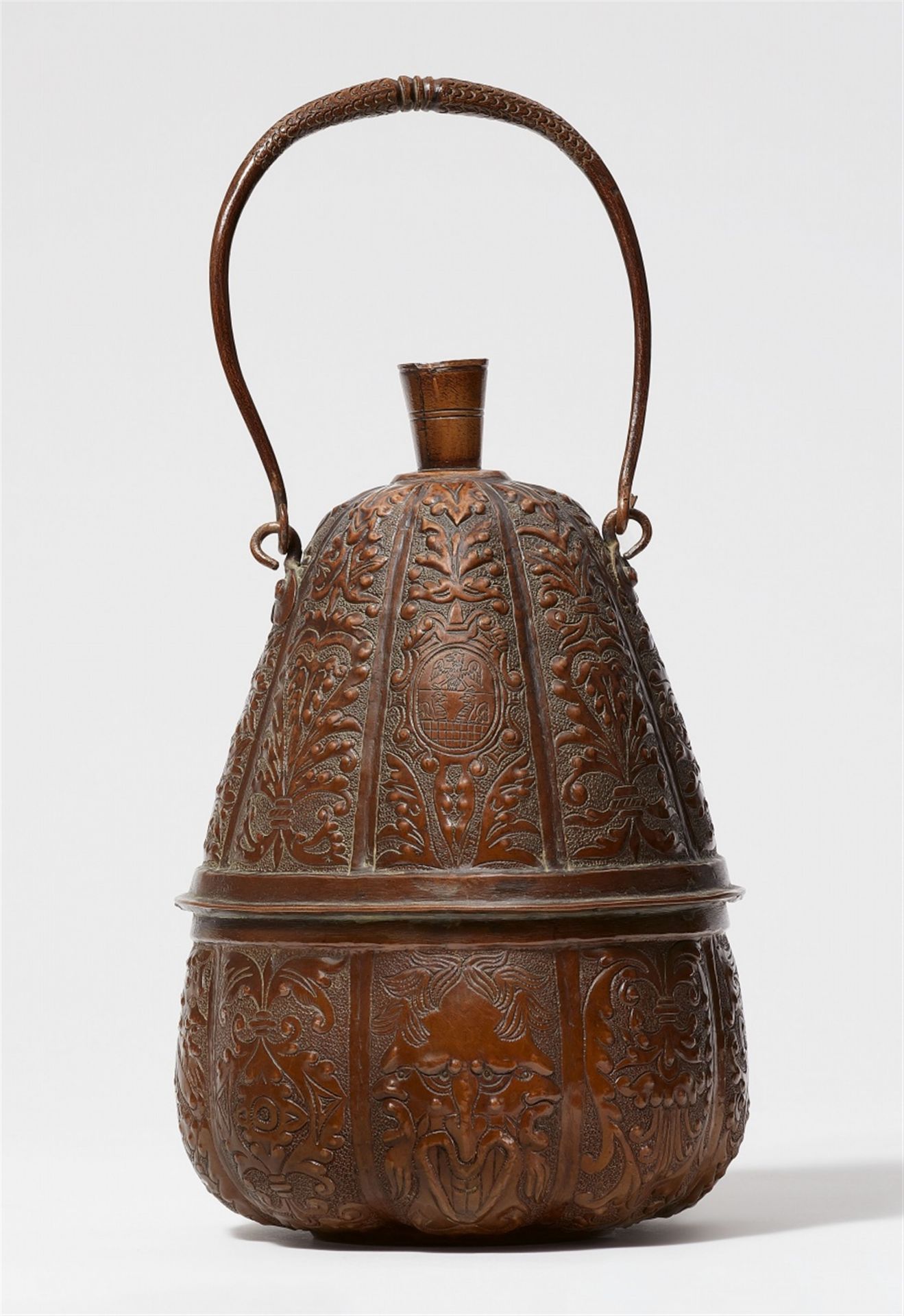 A copper gourd form flask
