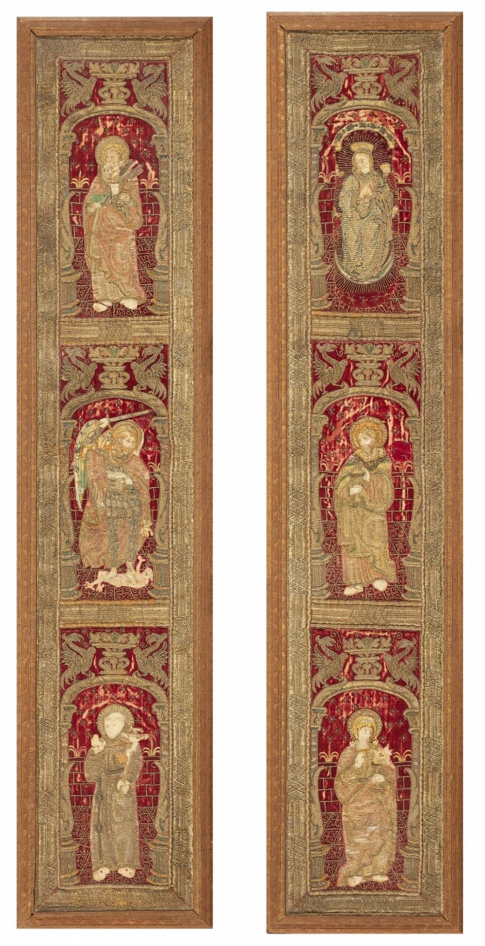 Two embroidered pillar decorations