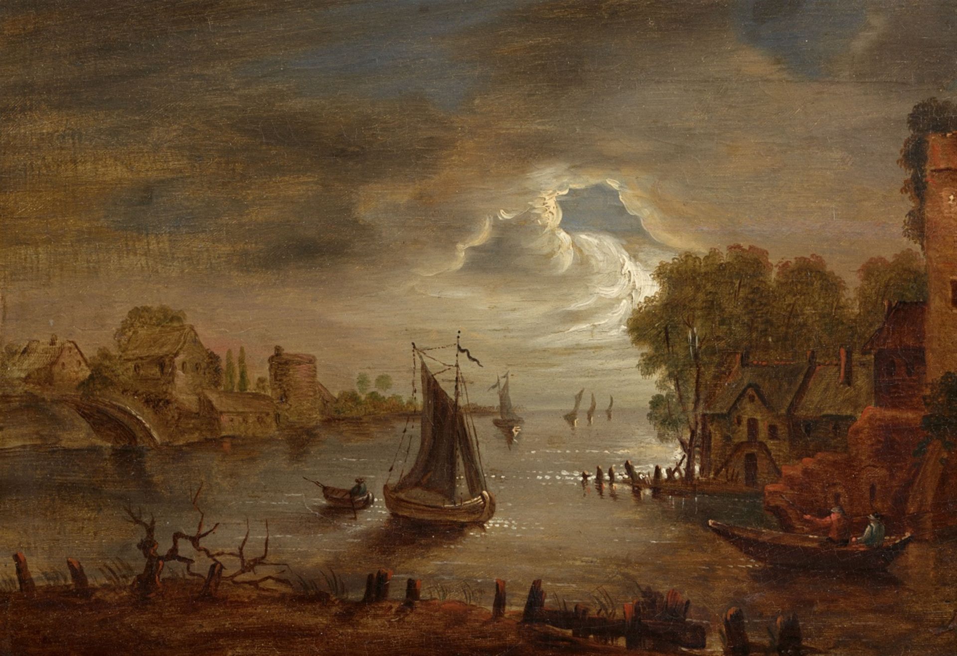 Netherlandish School, 17th century, Moonlit River Landscape