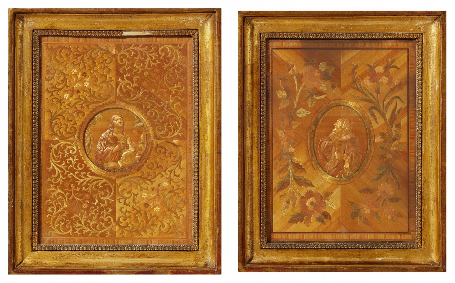 Two straw marquetry panels