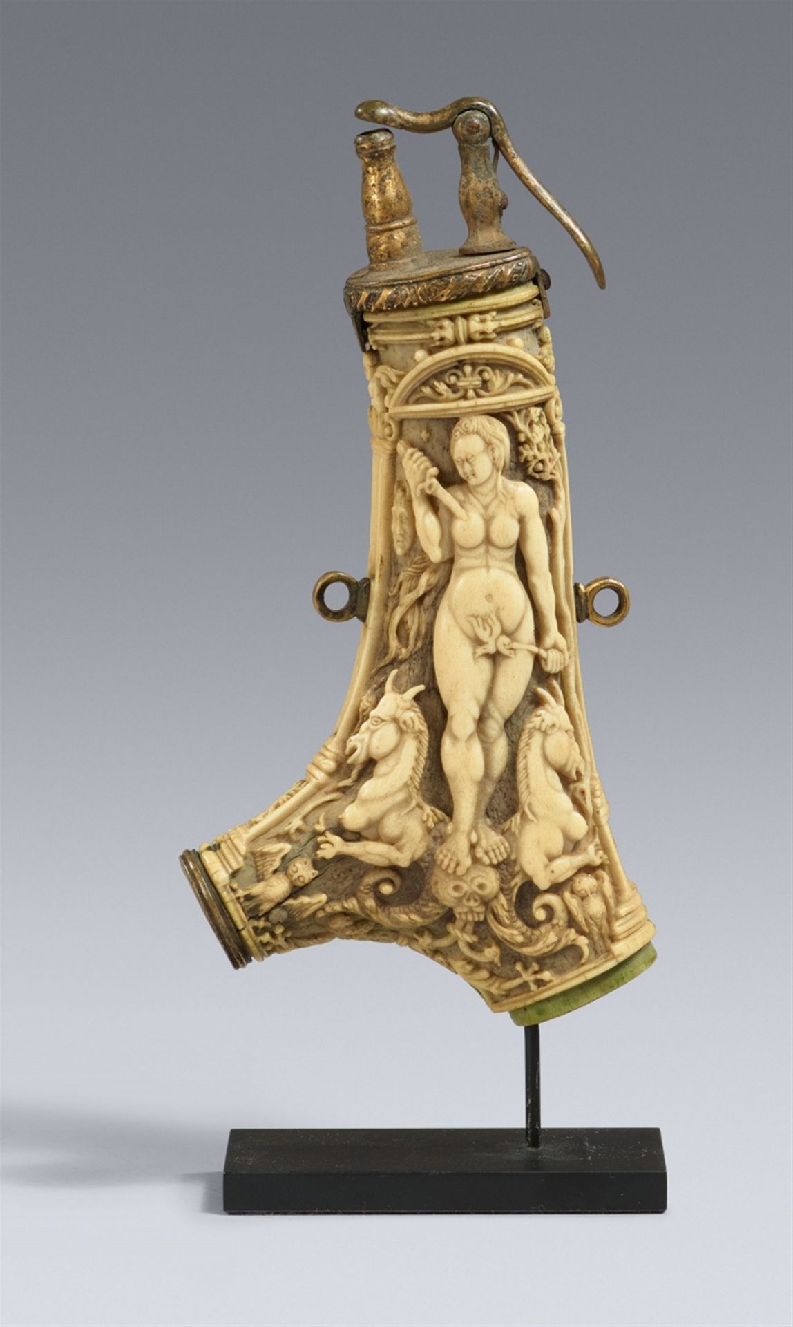 A powder horn with a depiction of Lucretia