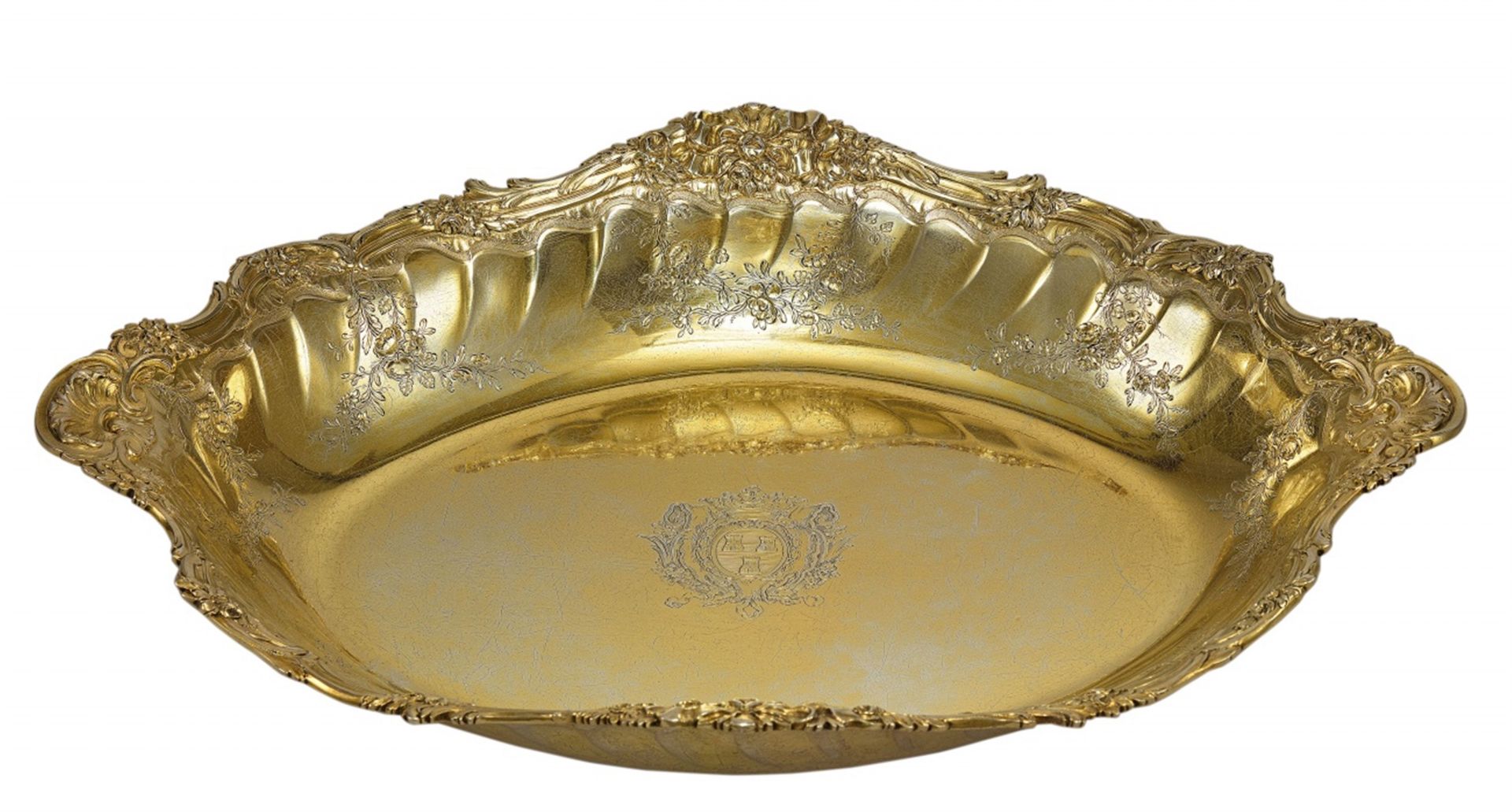 A rare, museum quality piece: Silver gilt wash basin with the coat-of-arms of Madame Pompadour