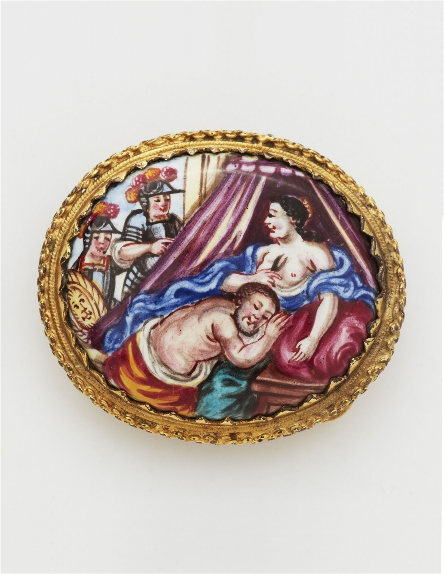 An enamel brooch depicting Samson and Delilah