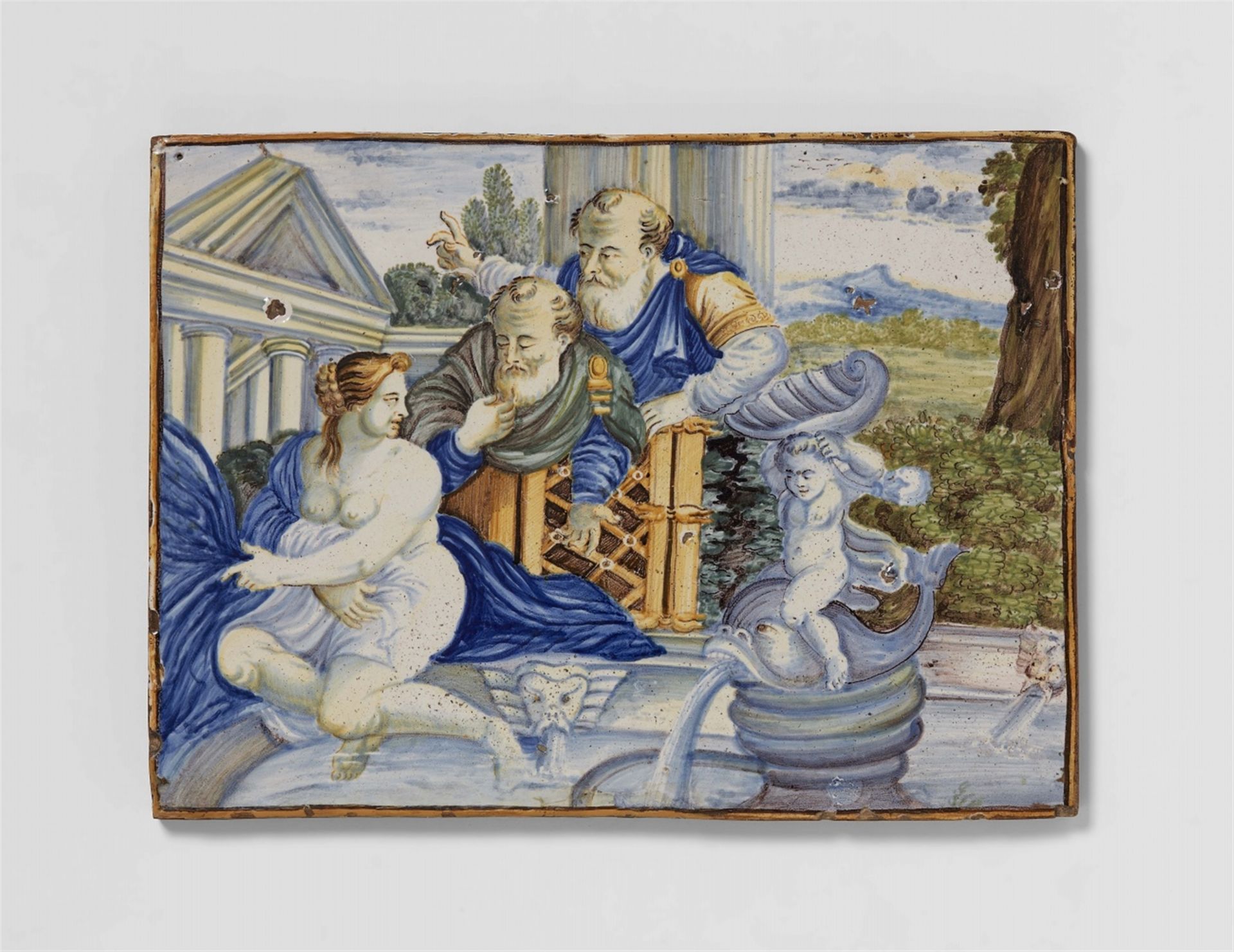 A Castelli majolica plaque depicting Susanne in her bath