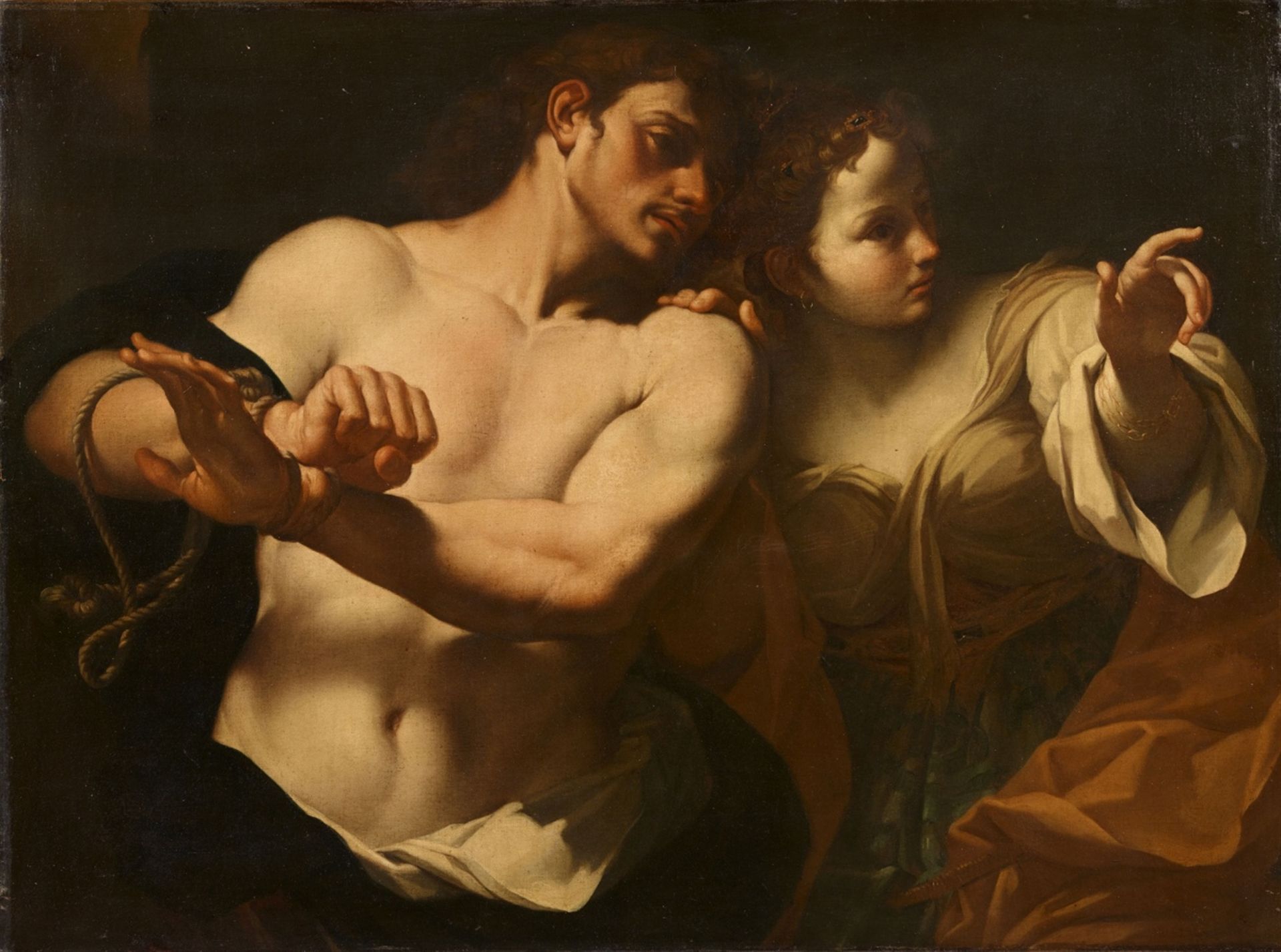 Carlo Cignani, Samson zerreist die Fesseln, als Dehlila ihn auf anwesende Philister hinweist