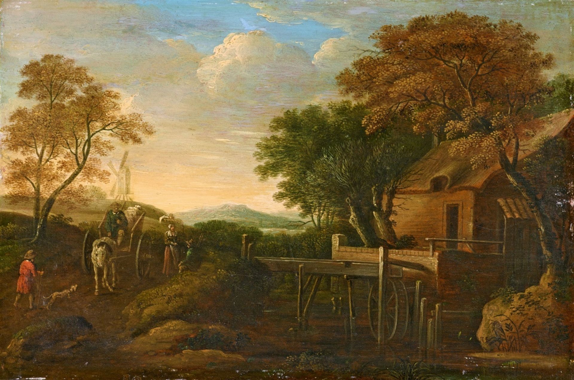 Deutscher Meister des 18. Jahrhunderts, Landschaft mit Wassermühle und Fuhrwerk, Landschaft mit Flus