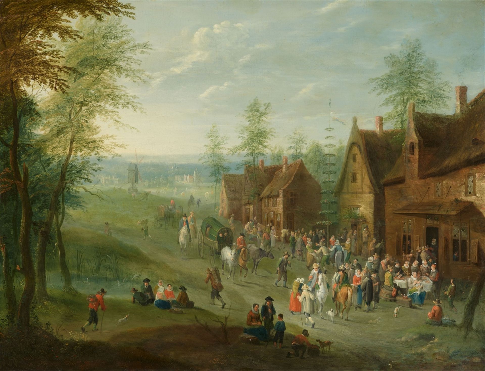 Charles (Karel) Beschey, Dörfliche Landschaft mit Reisenden und feiernden Bauern