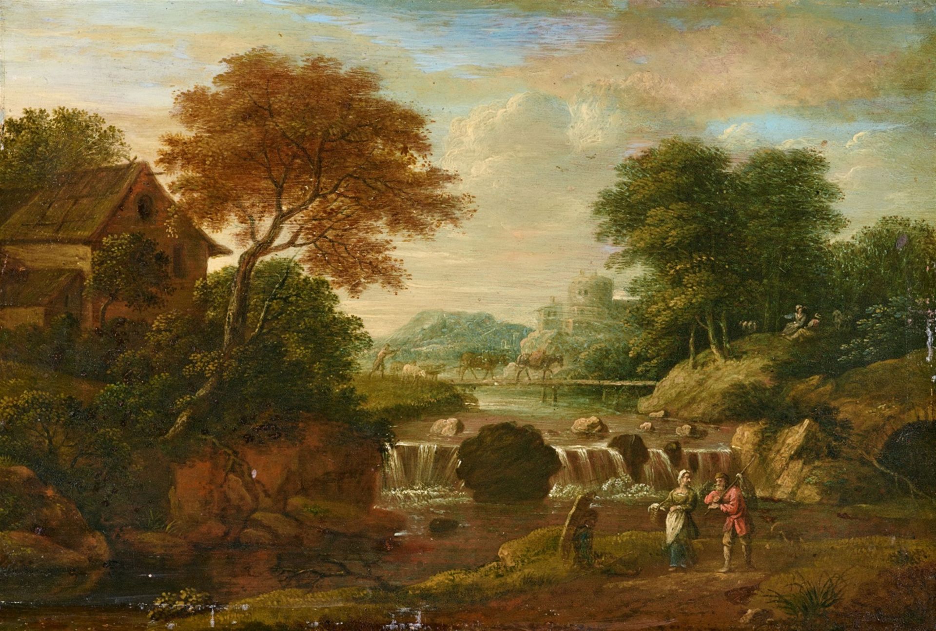 Deutscher Meister des 18. Jahrhunderts, Landschaft mit Wassermühle und Fuhrwerk, Landschaft mit Flus - Bild 2 aus 2