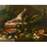 Adriaen van Utrecht, Umkreis, Wildbret, Artischocken, Spargel, Kürbis, Wassermelone, Trauben, Pfirsi